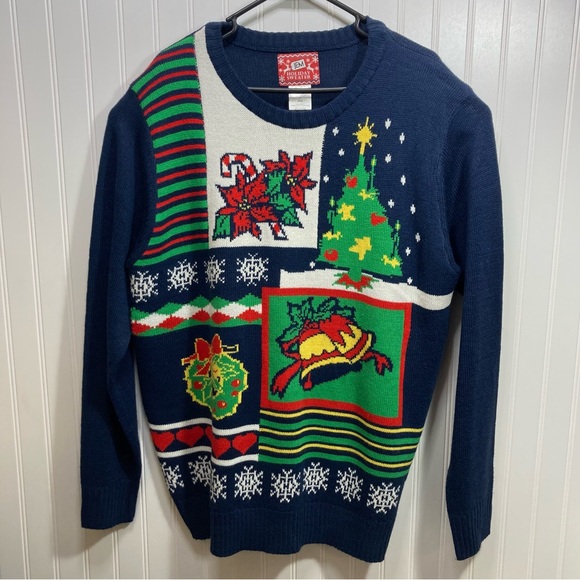 JEM Holiday Sweater XL Ugly Christmas Blue Graphic Pullover Unisex Adult Party - Picture 10 of 10